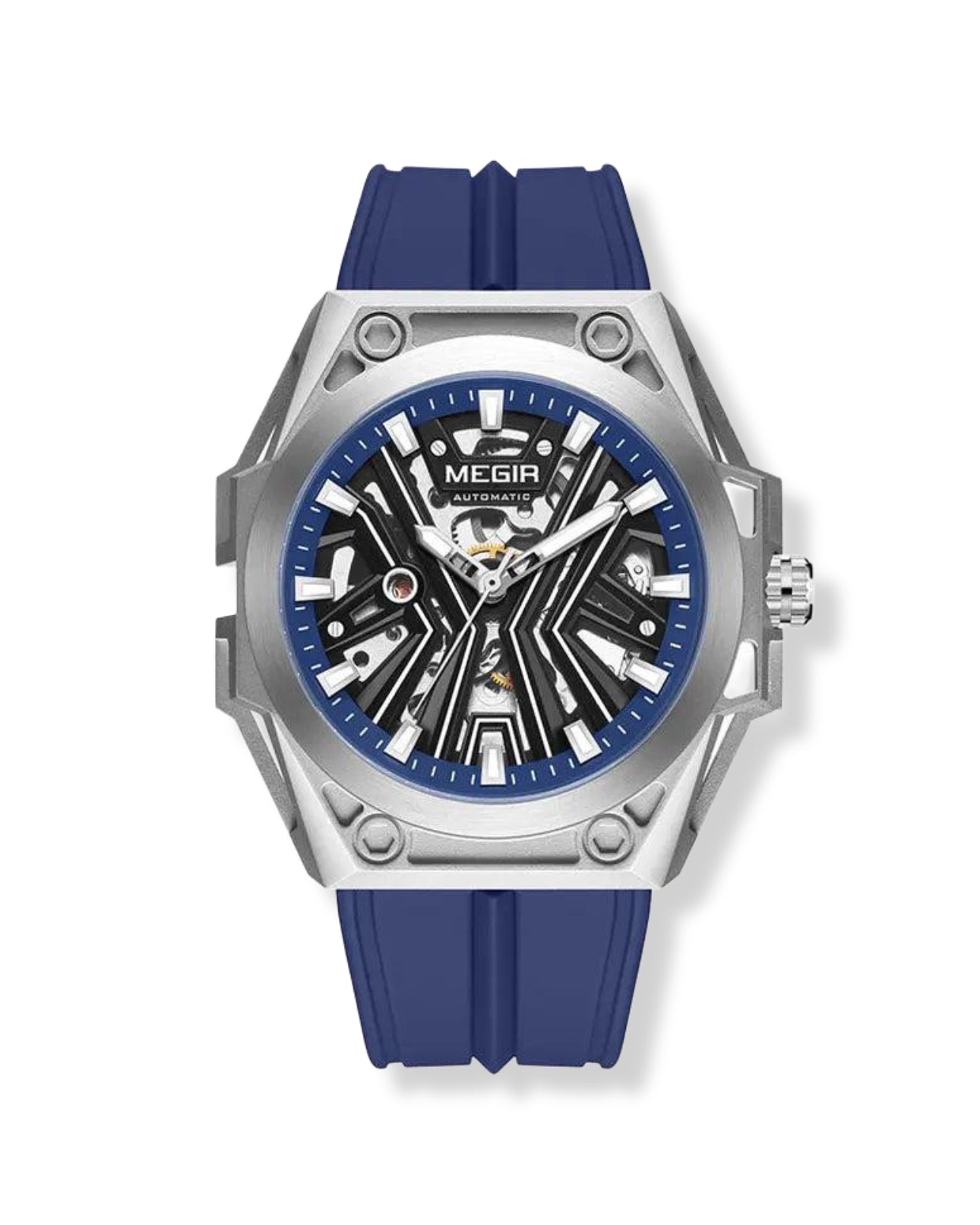 Fashion Automatical Watch for Men Military Sport Waterproof Mechanical Wristwatch with Skeleton Dial Silicone Strap 8603