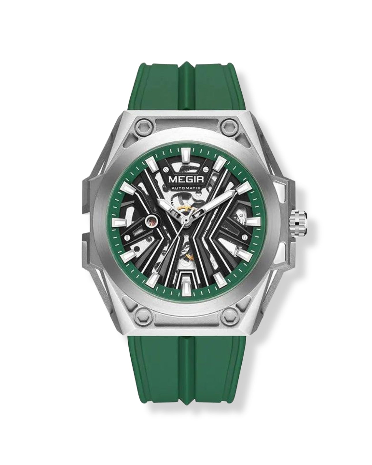 Fashion Automatical Watch for Men Military Sport Waterproof Mechanical Wristwatch with Skeleton Dial Silicone Strap 8603
